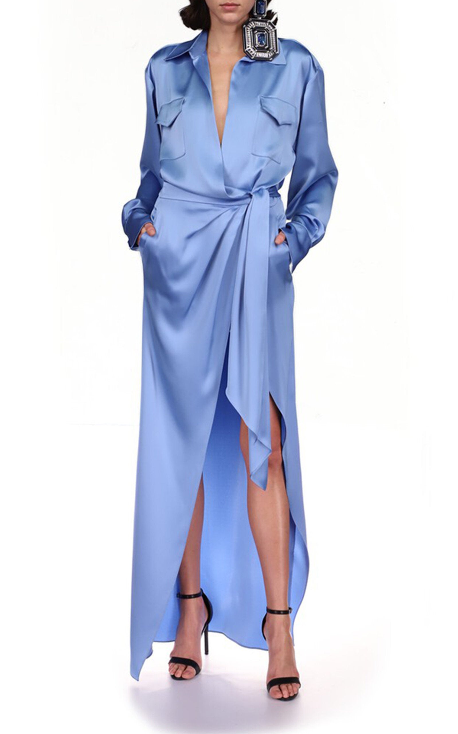 DAVID KOMA Blue Satin Wrap V-Neck Gown Dress - House Of Huntington