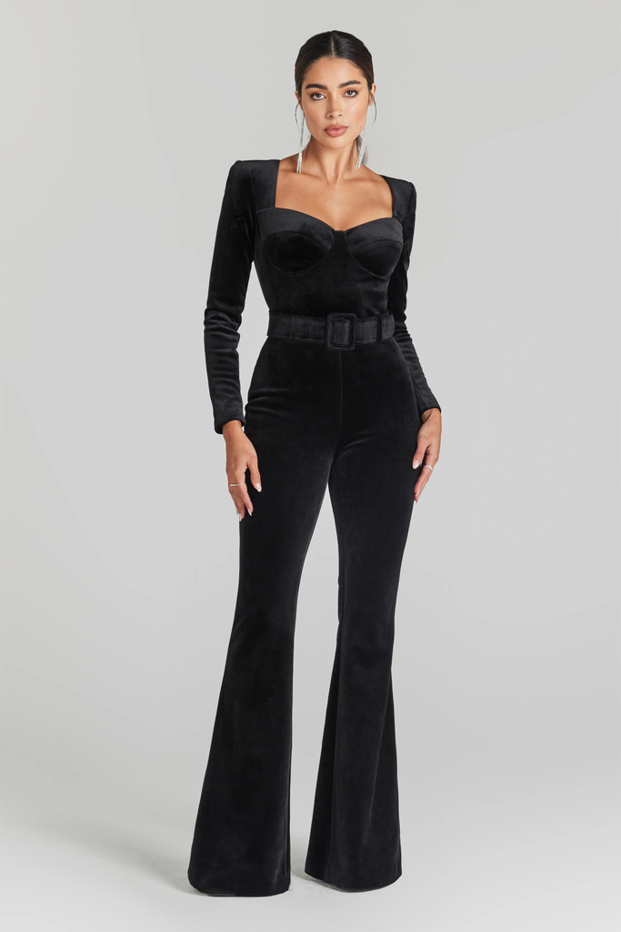 NADINE MERABI Black Natalia Velvet Corseted Sweeheart Neck Jumpsuit - House Of Huntington