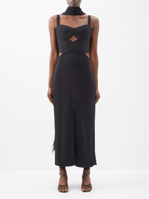 JOHANNA ORTIZ Puntadas Liricas Cutout Crepe Midi Black Dress