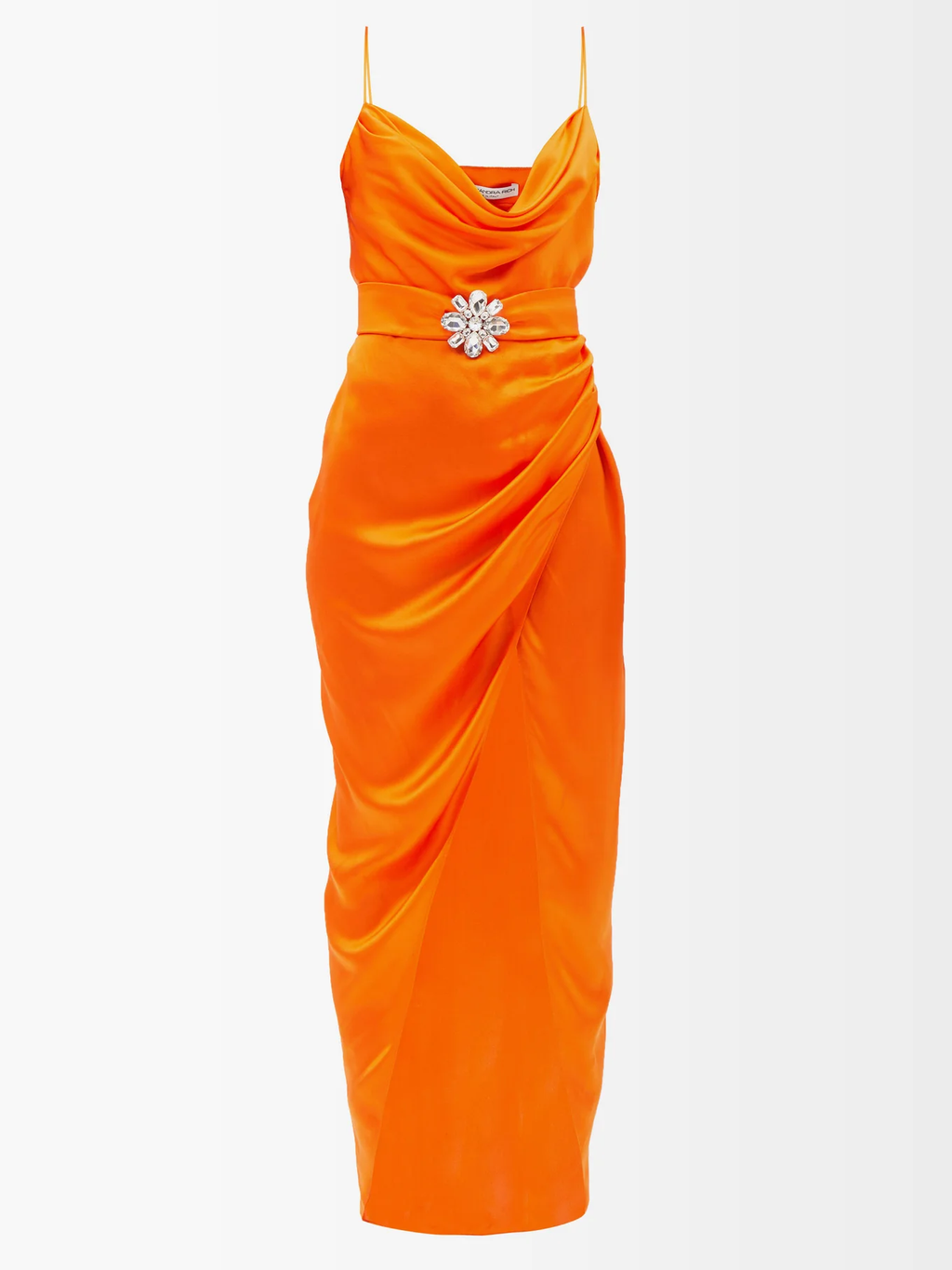 ALESSANDRA RICH Orange Silk Satin Charmeuse Ruched Slit Leg Spaghetti Strap Evening Dress - House Of Huntington