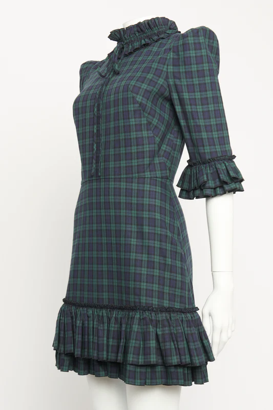 The Vampire's Wife The Trigger Green Navy Check Ruffle Detail Mini Dress - House Of Huntington