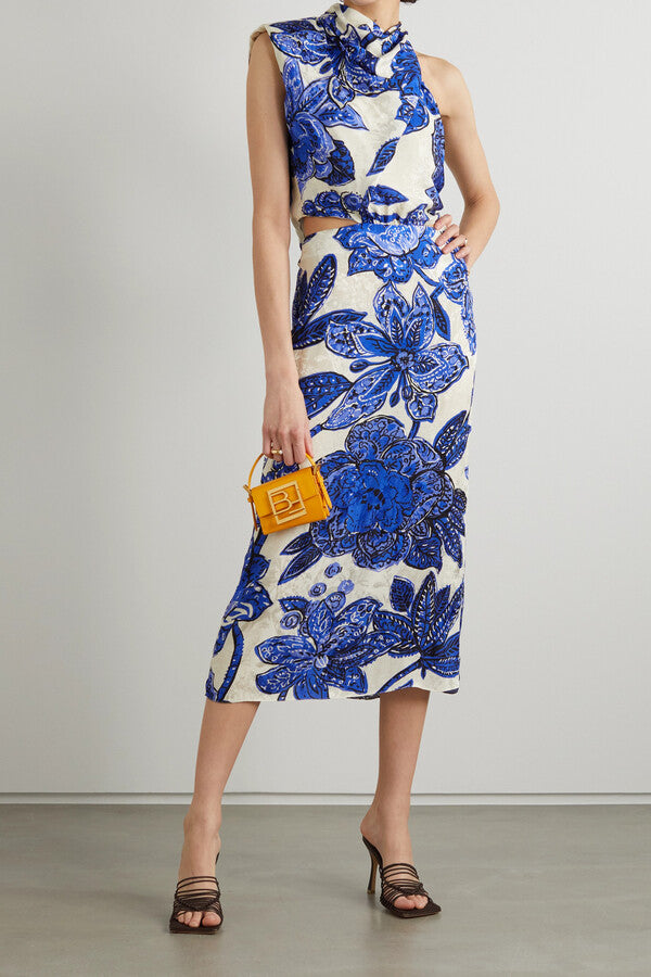 JOHANNA ORTIZ Gotas De Fuego Cutout Draped Floral-Jacquard Blue Midi Dress - House Of Huntington
