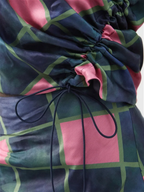 AHLUWALIA Patel One-Shoulder Draped Navy Pink Check Printed Satin Top - House Of Huntington