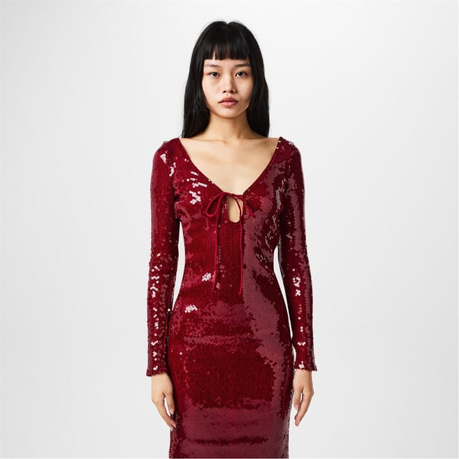 Robe midi rouge à sequins Bardot, bretelles et dos nu