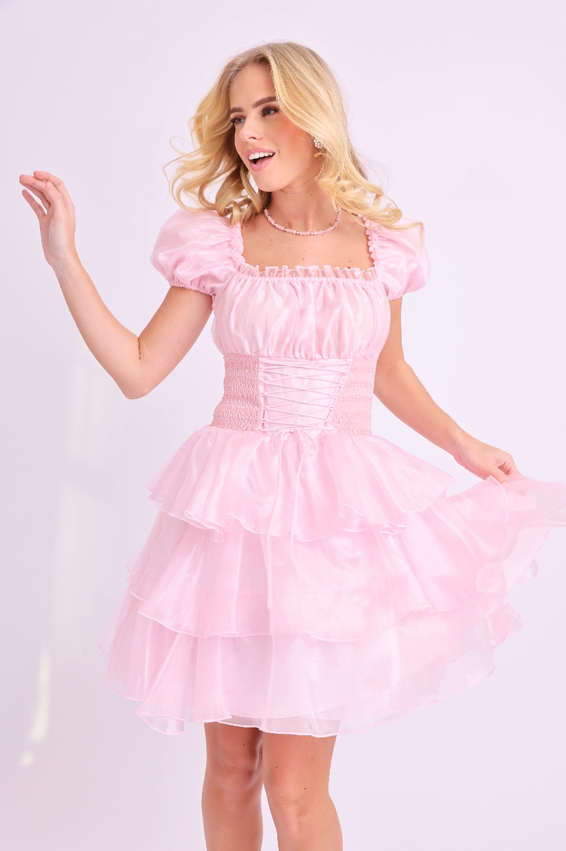 Amy Jane London Pink Arabella Organza Puff Sleeve Corset Bodice Fairytale Coquette Mini Dress - House Of Huntington