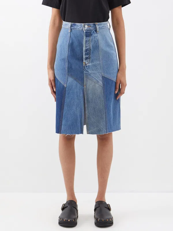 Re/Done Patchwork Denim Midi Skirt