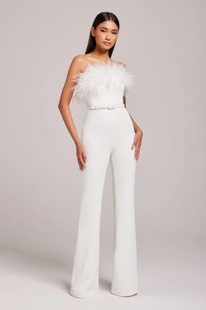 NADINE MERABI Colette White Corseted Strapless Feather Trim Jumpsuit - House Of Huntington