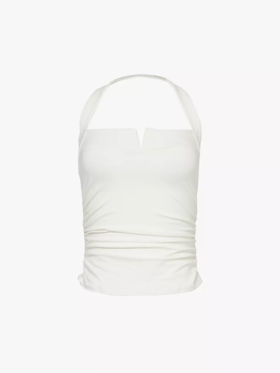Reformation Arwen White Knit Halterneck Ruched Side Top