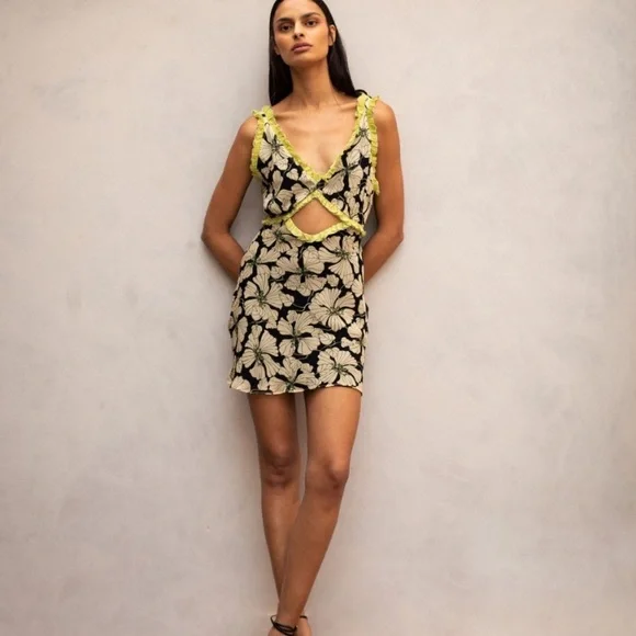 De La Vali Floral Chiffon Ruffle Cut-Out Olive Green Art Deco Mini Dress