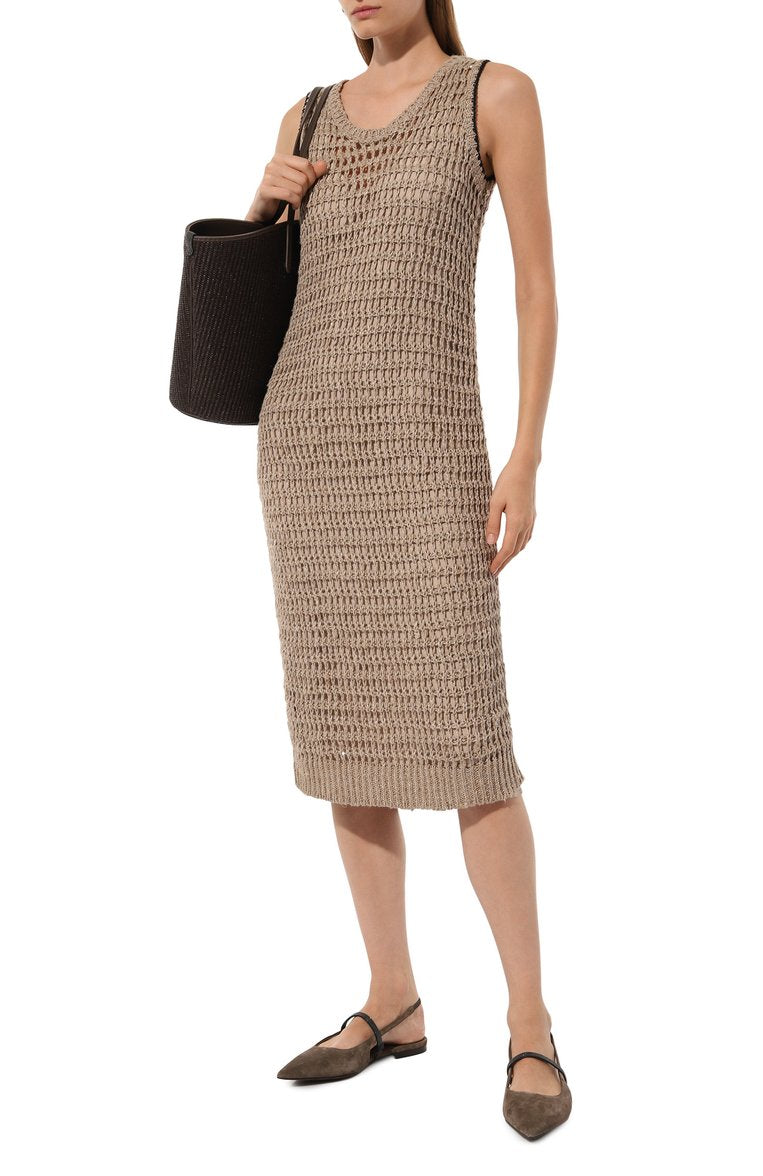 Crochet Open Knit Linen Silk Blend Sleeveless Midi Dress