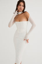 House Of CB Millarose White Mesh Corset Long Sleeve Collared Open Front Midi Dress