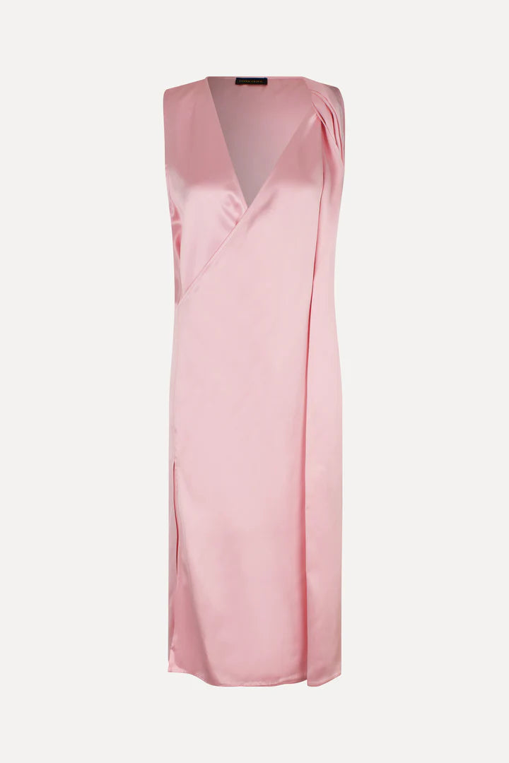 Stine Goya Pink Semi Heavy Satin V-Neck Sleeveless Midi Dress