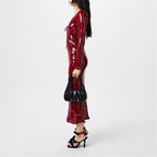 Robe midi rouge à sequins Bardot, bretelles et dos nu