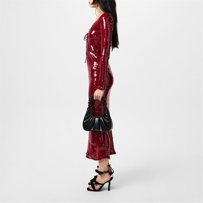 Robe midi rouge à sequins Bardot, bretelles et dos nu
