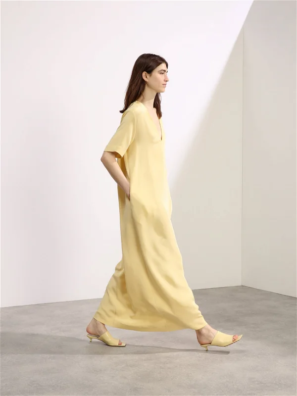 RAEY Yellow Low V-Neck Silk T-Shirt Maxi Dress RAEY Yellow Low V-Neck Silk T-Shirt Maxi Dress