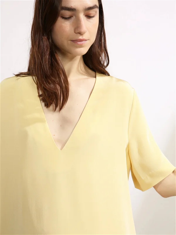 silk t shirt dress RAEY Yellow Low V-Neck Silk T-Shirt Maxi Dress – House Of Huntington