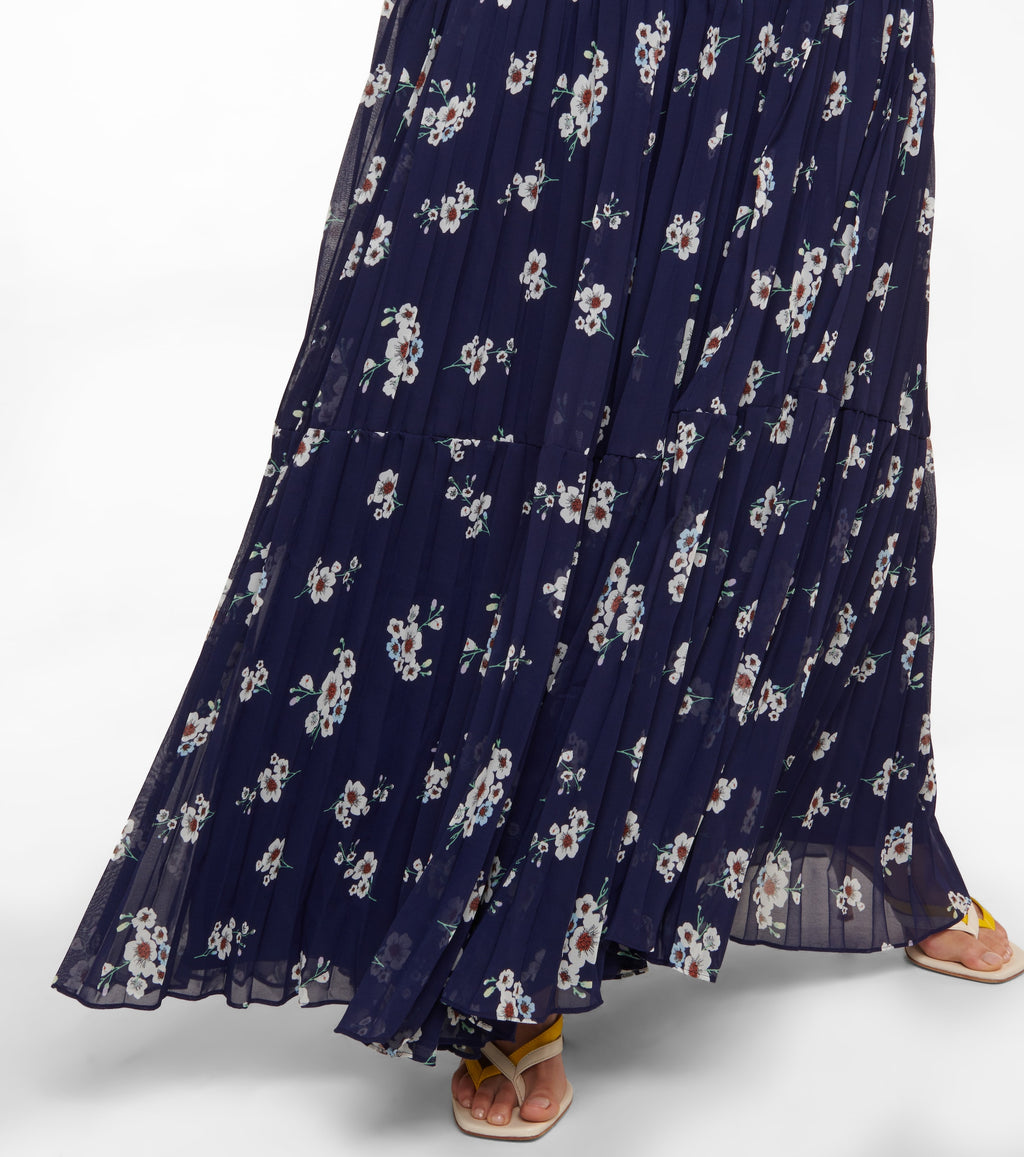 Self-Portrait Pansy Floral Blue Sweetheart Neck Pleated Chiffon Maxi Dress