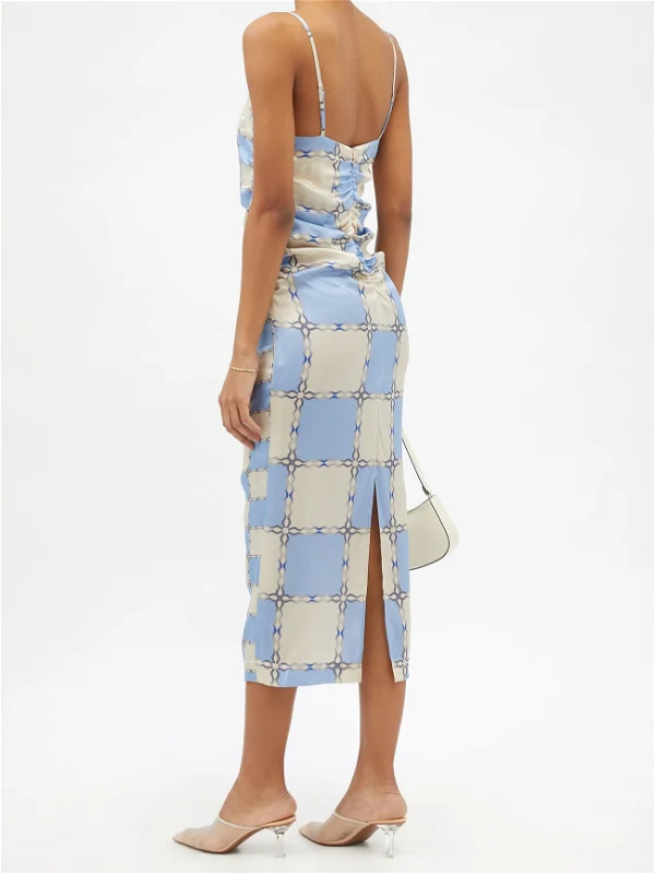 AHLUWALIA Augusta Blue Ruched Check Print Silk Dress - House Of Huntington