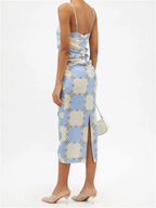AHLUWALIA Augusta Blue Ruched Check Print Silk Dress - House Of Huntington