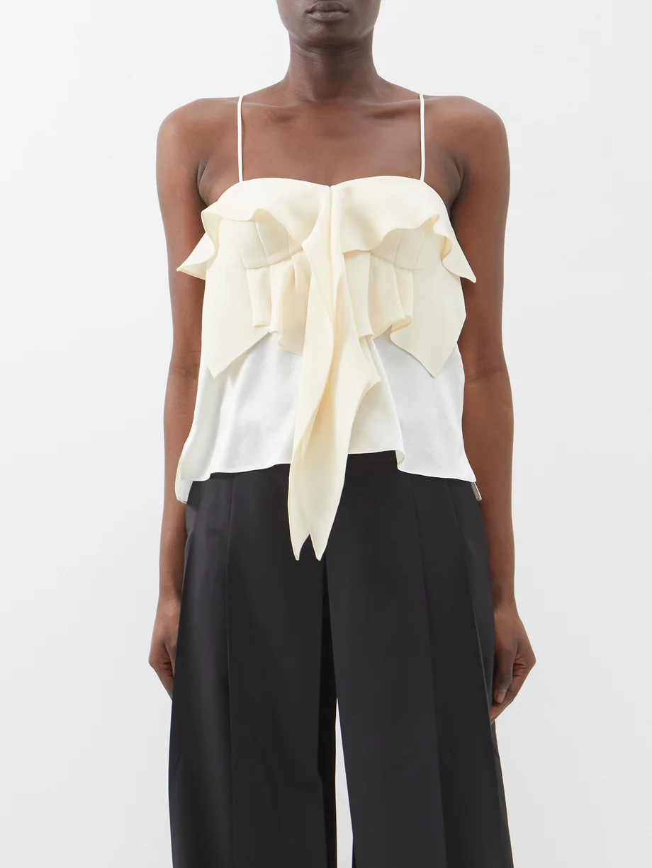 ASHLYN Bonnie Ruffle Front Strappy Ivory Crepe Top - House Of Huntington
