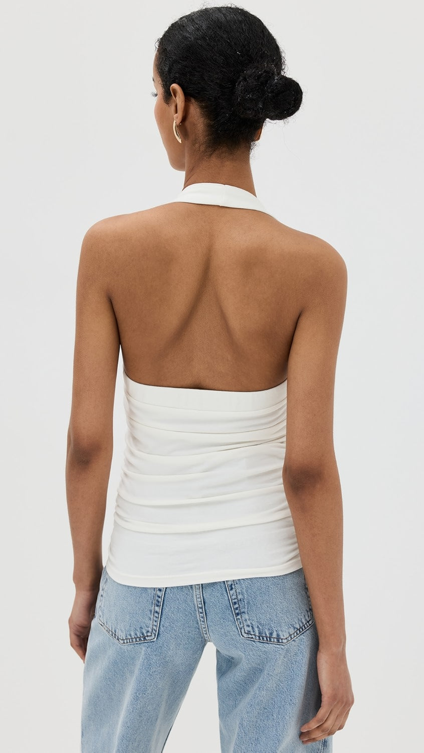 Reformation Arwen White Knit Halterneck Ruched Side Top