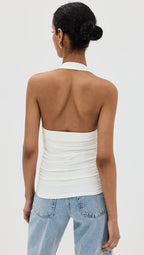 Reformation Arwen White Knit Halterneck Ruched Side Top