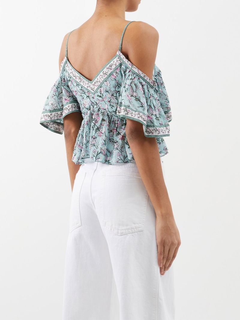 Haut à épaules dénudées en coton bleu fleuri Garuva d'Isabel Marant Étoile