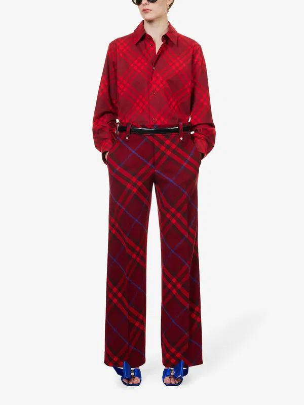 Burberry Checked Red Wool Straight Leg Mid Rise Trousers