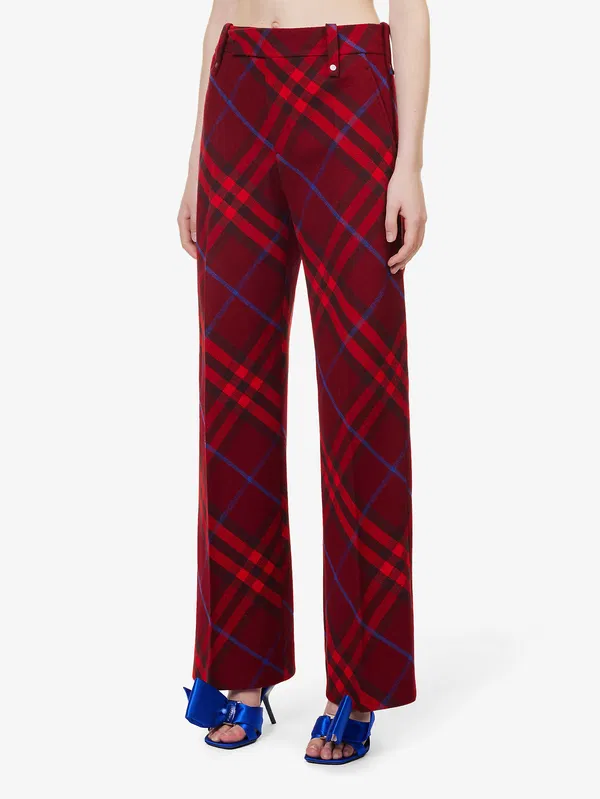 Burberry Checked Red Wool Straight Leg Mid Rise Trousers