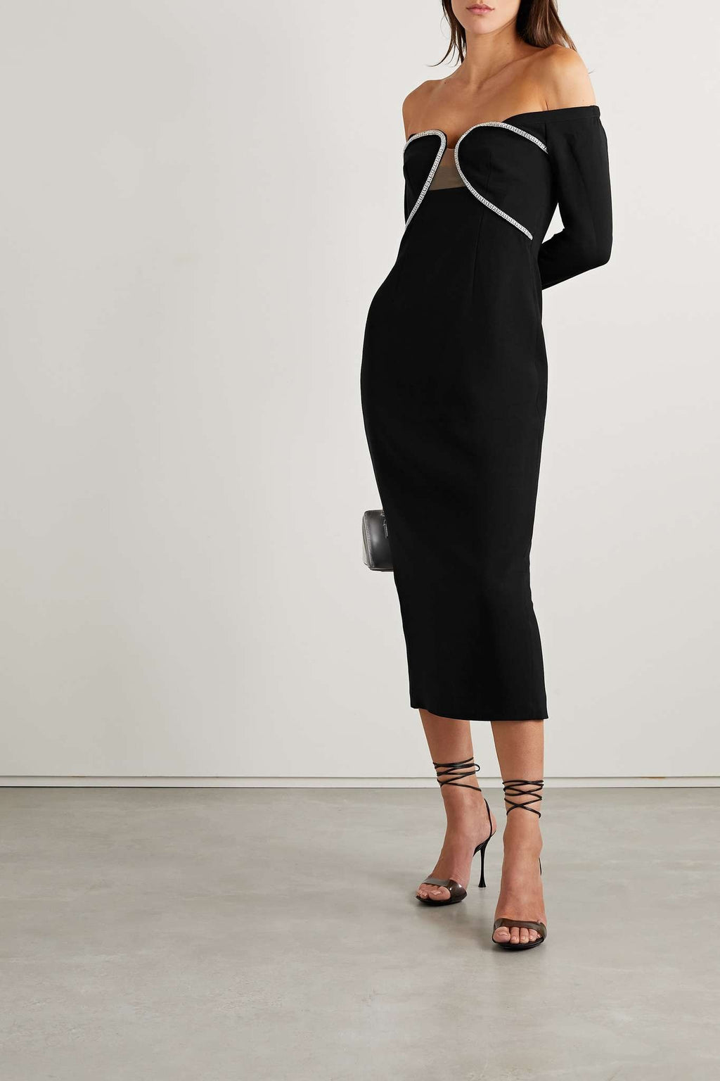 Self-Portrait Black Crepe Crystal Embellished Midi Dress