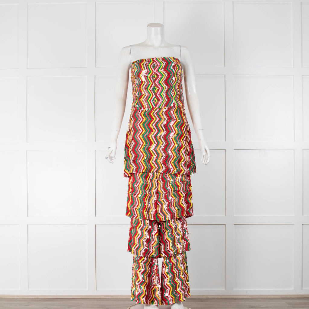 Osman London Rainbow Red Yellow Pink Sequinned Strapless Tiered Flounce Leg Tamina Jumpsuit