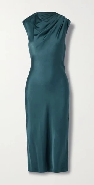 Anine Bing Samantha Draped Mock Neck Silk Satin Steel Blue Midi Dress