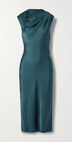 Anine Bing Samantha Draped Mock Neck Silk Satin Steel Blue Midi Dress