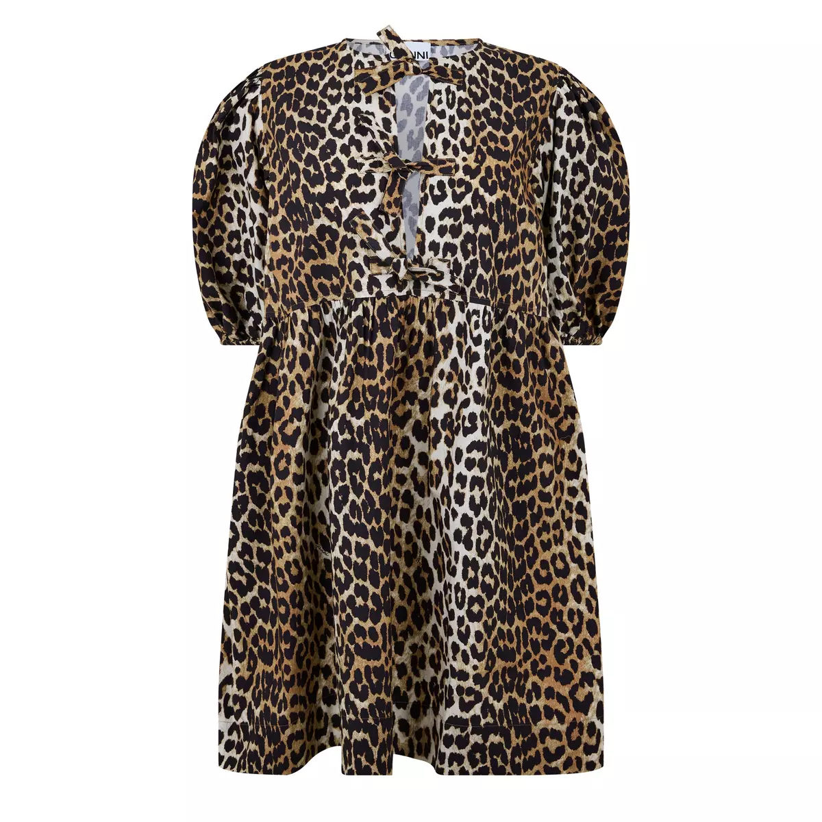 Ganni Leopard Print Poplin Puff Sleeve Bow Tie Mini Dress