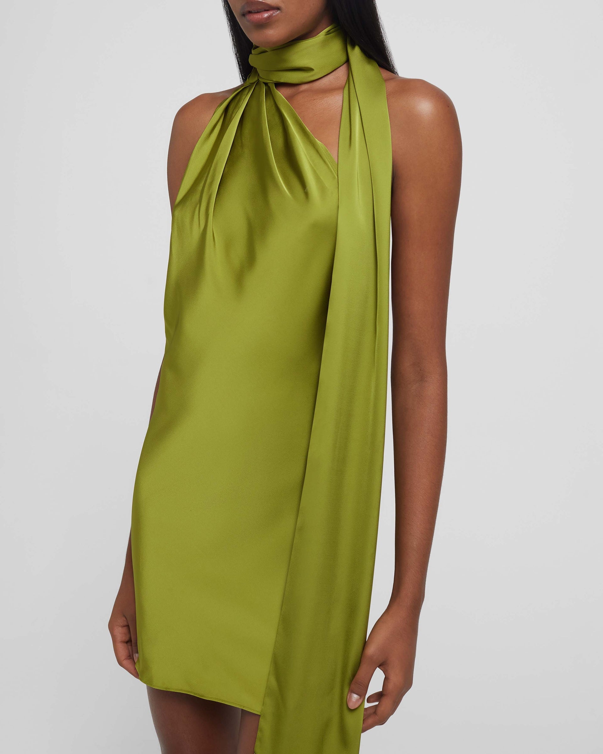 Rat and Boa Serafia Green Satin Cowl Neck One Shoulder Mini Dress