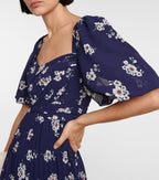 Self-Portrait Pansy Floral Blue Sweetheart Neck Pleated Chiffon Maxi Dress