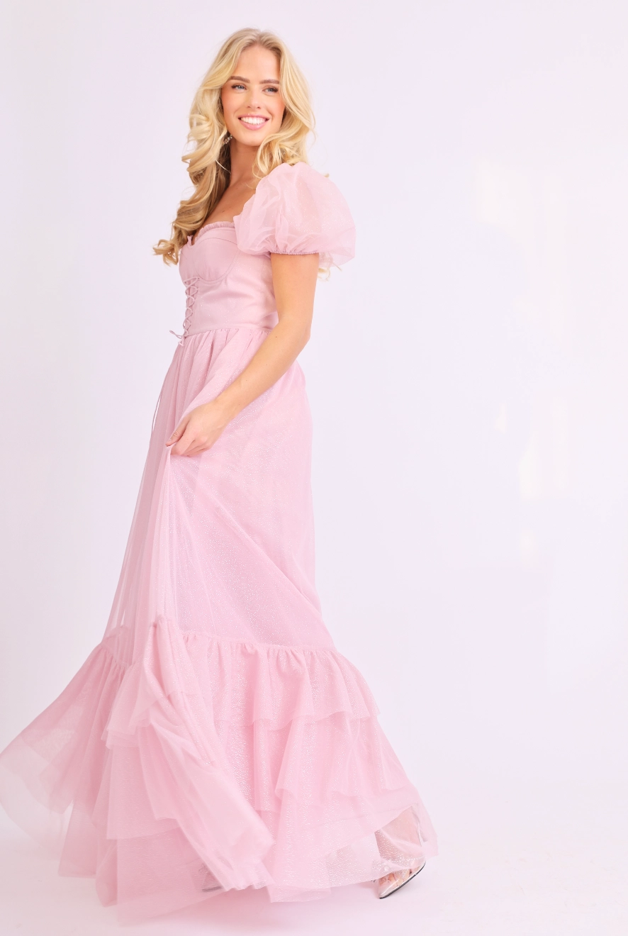 Amy Jane London Pink Tiffany Corset Bodice Sparkly Tulle Puff Sleeve Sweetheart Neck Maxi Gown - House Of Huntington
