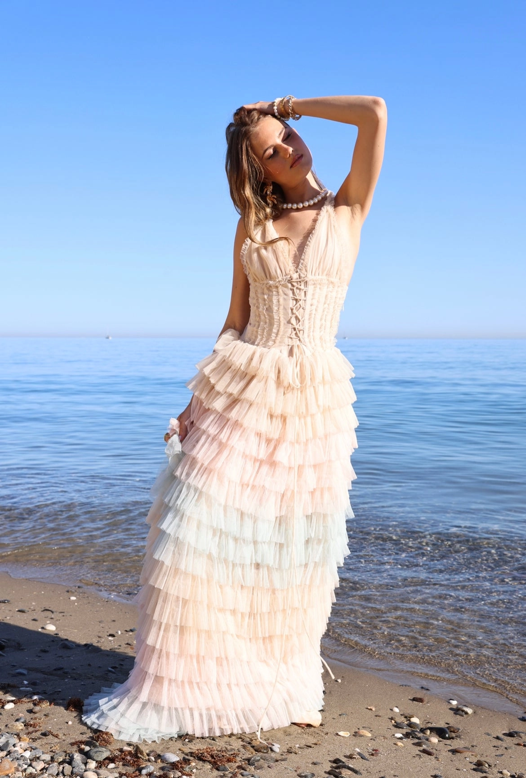 Amy Jane London Iris Dusty Corset Bodice Ruffle Tulle Layered Fairytale Gown - House Of Huntington