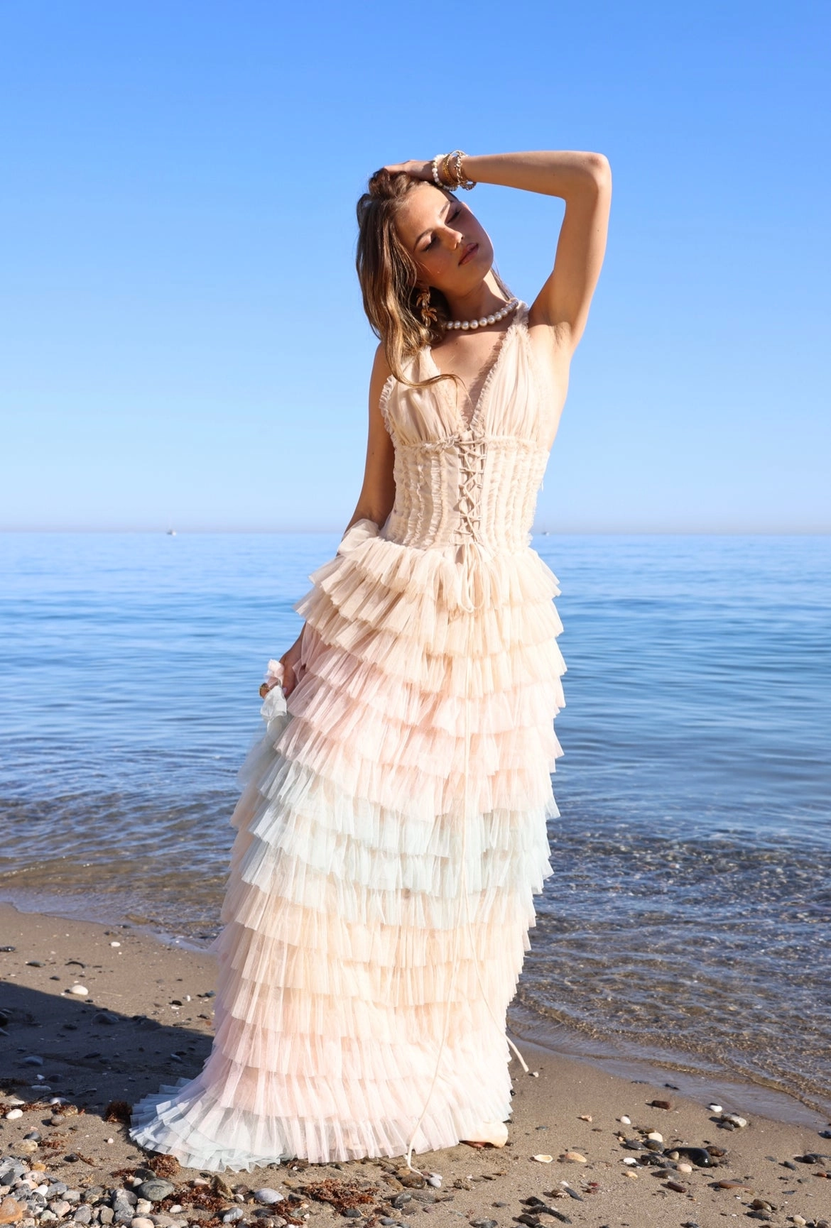 Amy Jane London Iris Dusty Corset Bodice Ruffle Tulle Layered Fairytale Gown - House Of Huntington