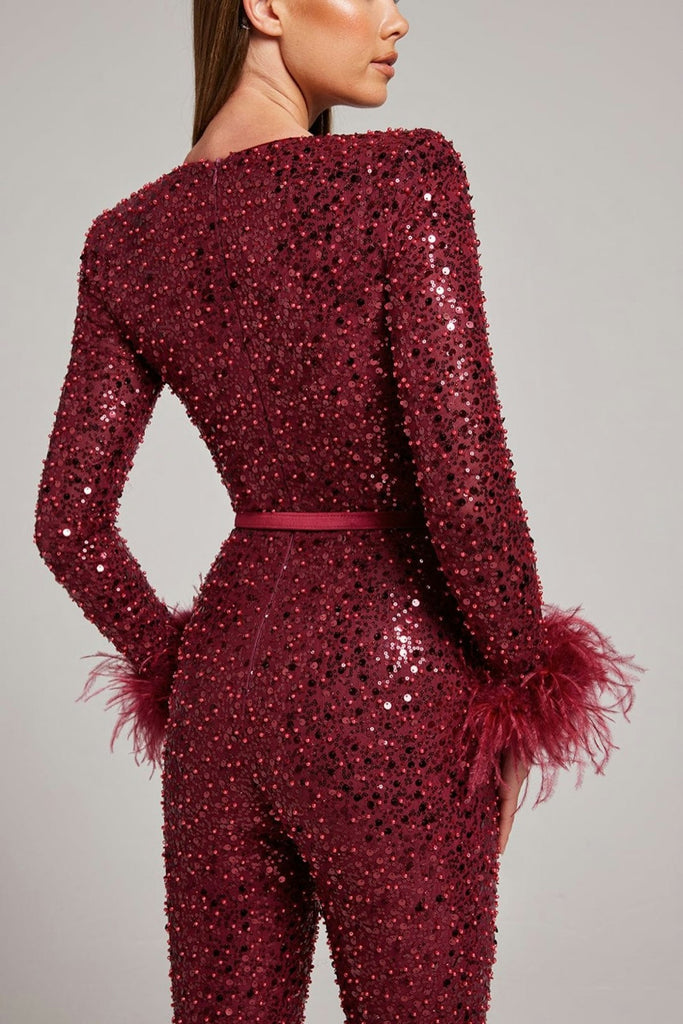 NADINE MERABI Red Rachel Beaded Sequinned Feather Cuff Jumpsuit - House Of Huntington