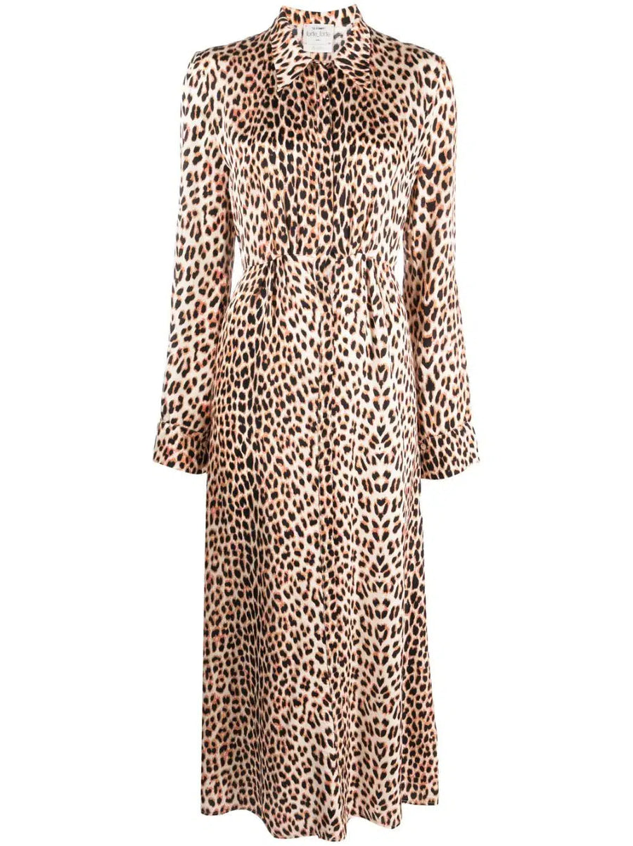 Twilight Leopard Print Collared Satin Midi Dress