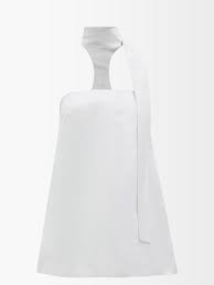 Maximilian Davis White Duchesse Sash Scarf Collar Neck Strapless Racerback Satin Mini Dress - House Of Huntington