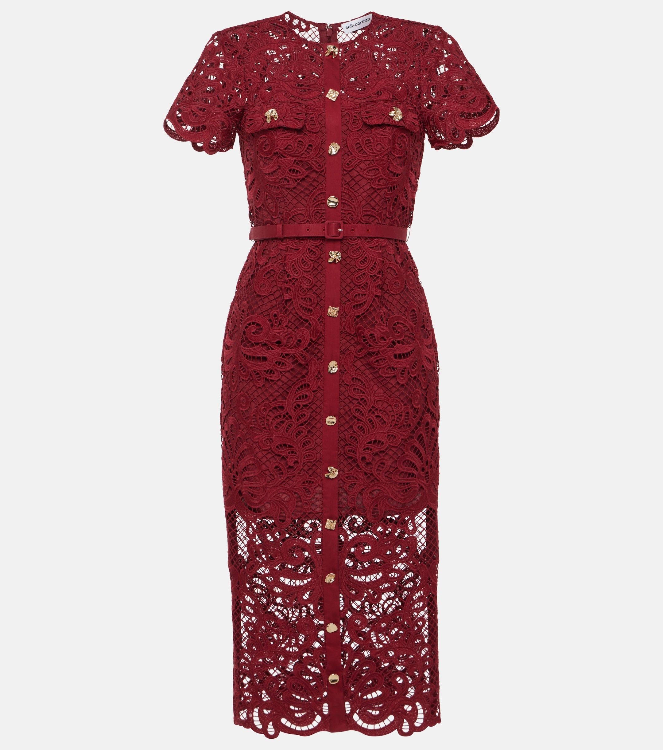Self-Portrait Red Guipure Lace Gold Button Detail Midi Dress
