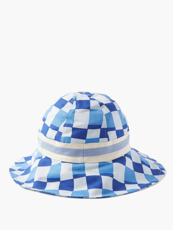 Marni Blue Logo-Embroidered Checked-Canvas Bucket Hat