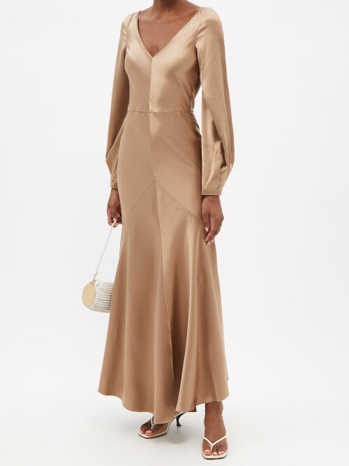 Gabriela Hearst Peyton Plunge Back Silk Satin Camel Brown Dress