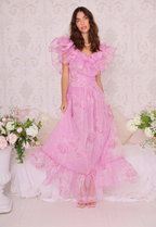 Amy Jane London Pink Aurora Fairytale Organza Floral Ruffle Neck Whimsy Gown - House Of Huntington