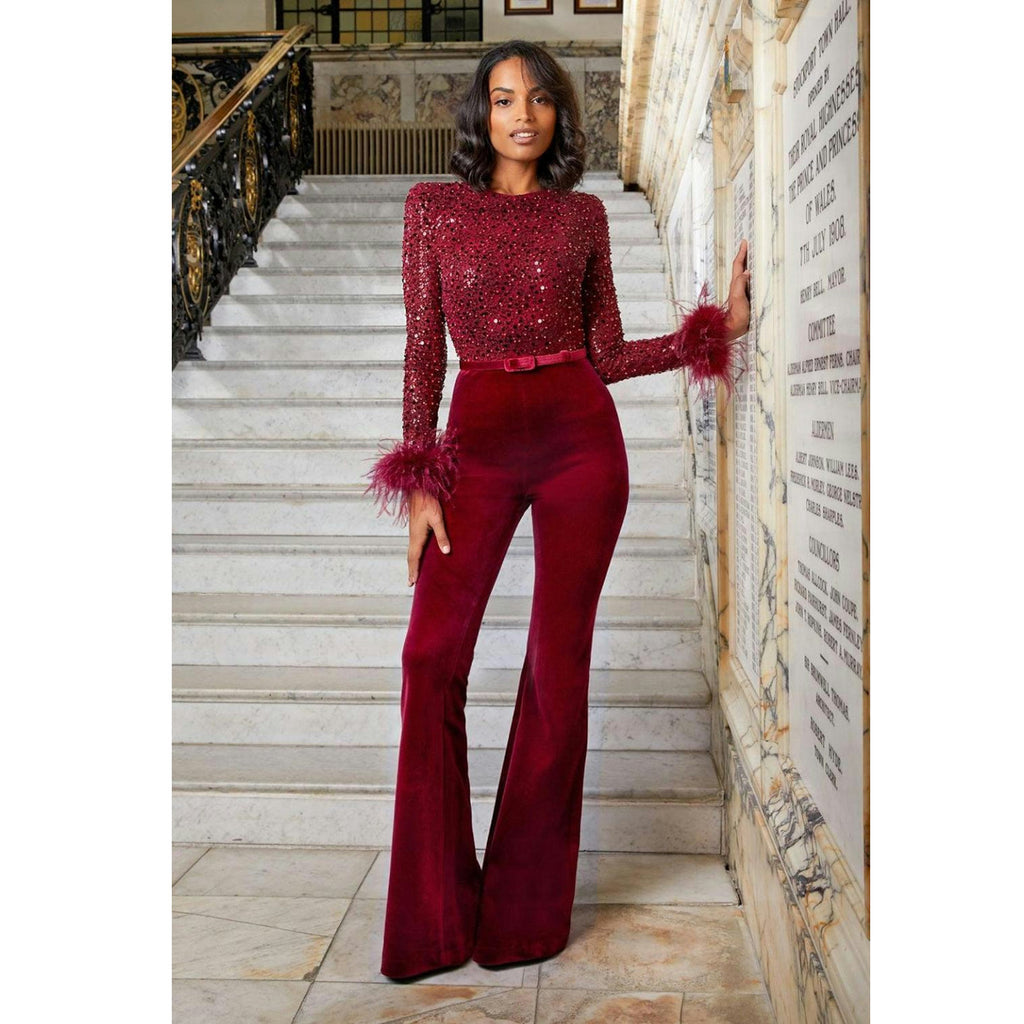 Nadine Merabi Monique Red Embellished Feather Cuff Velvet Flared Leg Jumpsuit - House Of Huntington