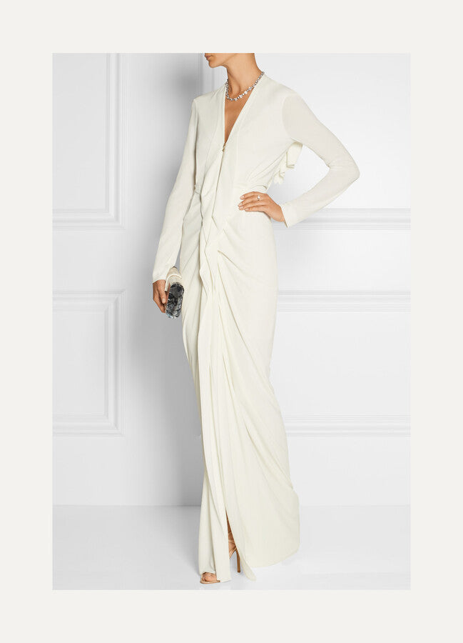16ARLINGTON Marfil Blanco Minelli Feather Trim Crepe Netted Detalle Vestido de Novia Sin Tirantes