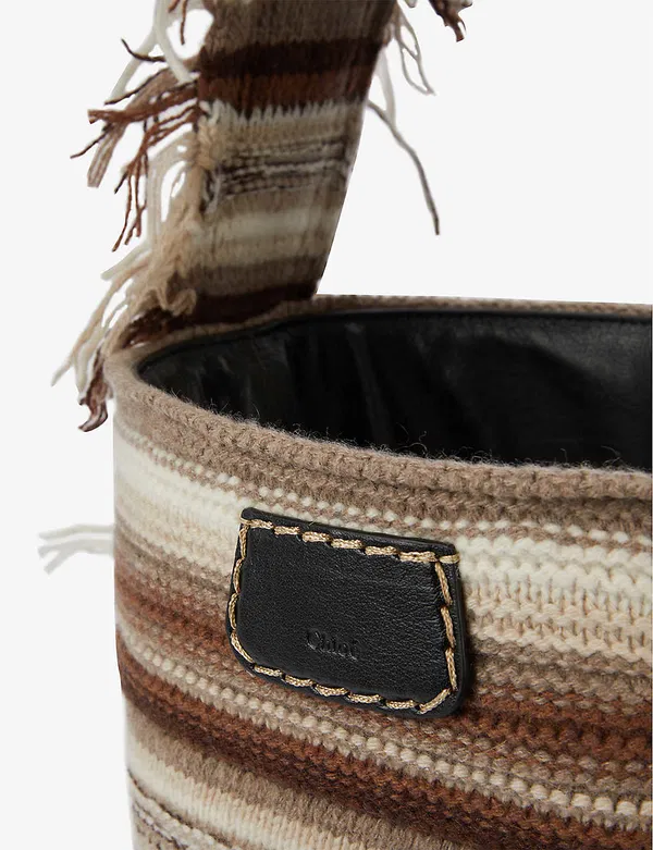 Chloe Jorge Striped Fringed Boho Cashmere Woven Bucket Tote Bag