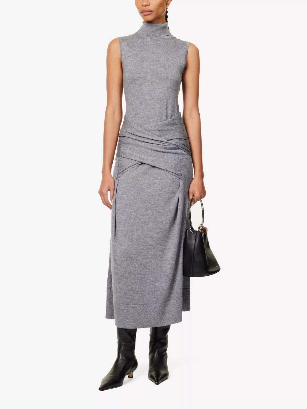 Toteme Turtle Neck Draped Grey Wool-Silk Knit Maxi Dress